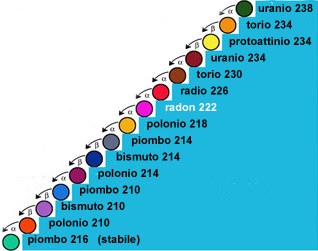 decadimenti successivi dell'uranio 238 passando per il radon e per gli elementi detti figli del radon